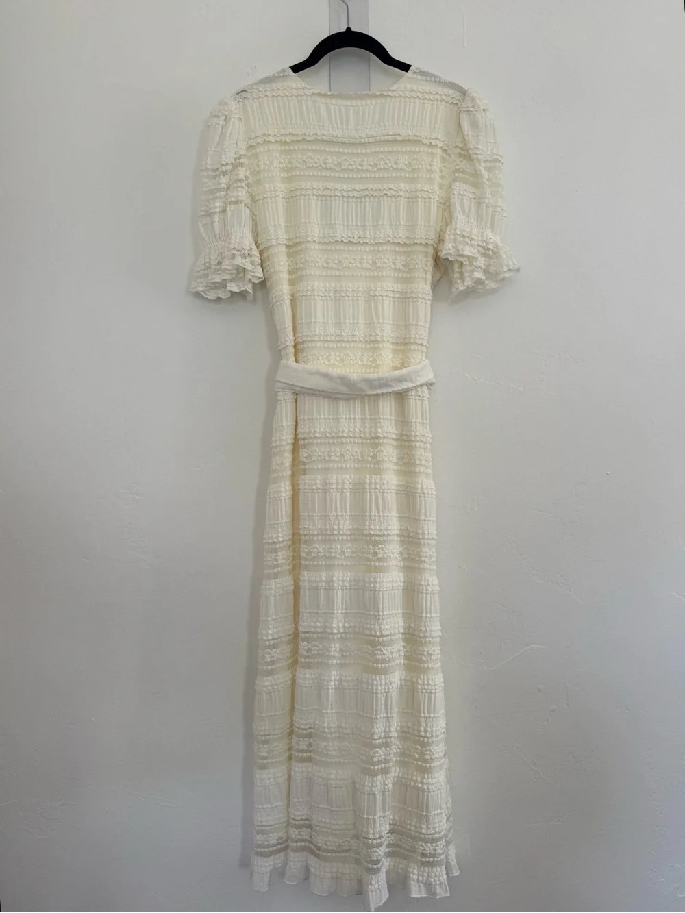 Tularosa Quinn Midi Dress Cream Boho Ruffle Puff Shoulder Belted Bridal Wedding - Picture 6 of 15